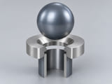 Conceptual CGI: Complete Specified tantalum purity or grade and material condition sphere above a conical annular seat and an aligned open vertical bore; axial component contact concept