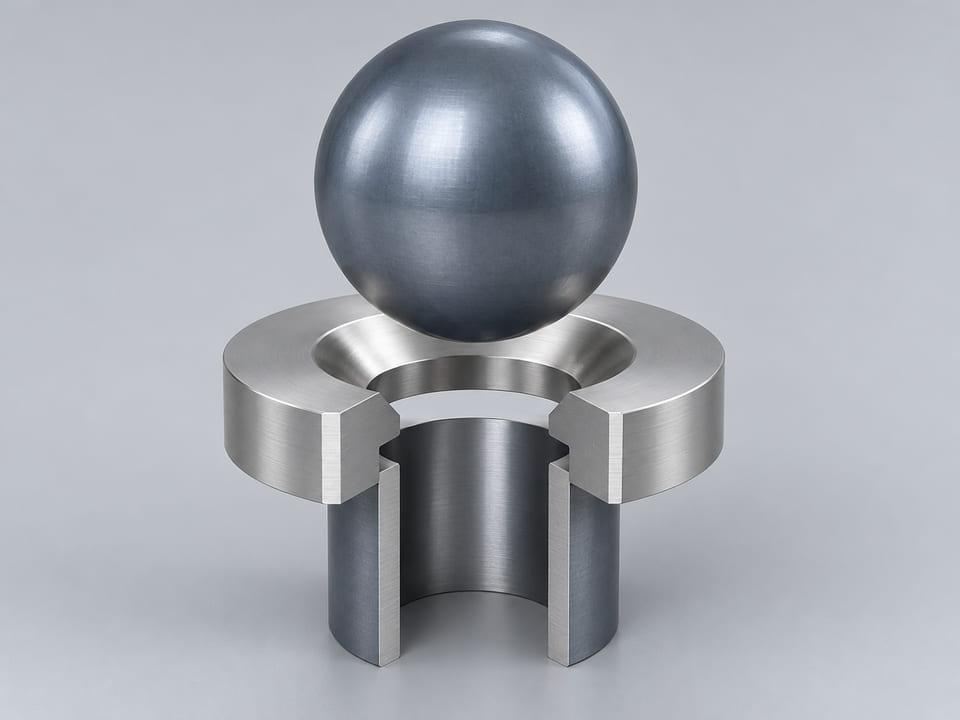 Conceptual CGI: Complete Specified tantalum purity or grade and material condition sphere above a conical annular seat and an aligned open vertical bore; axial component contact concept