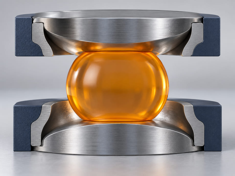 Conceptual CGI: Cutaway non-safety-critical cushioning mechanism: amber polyurethane sphere gently compressed between two broad metal cups, contact deformation modest and plausible