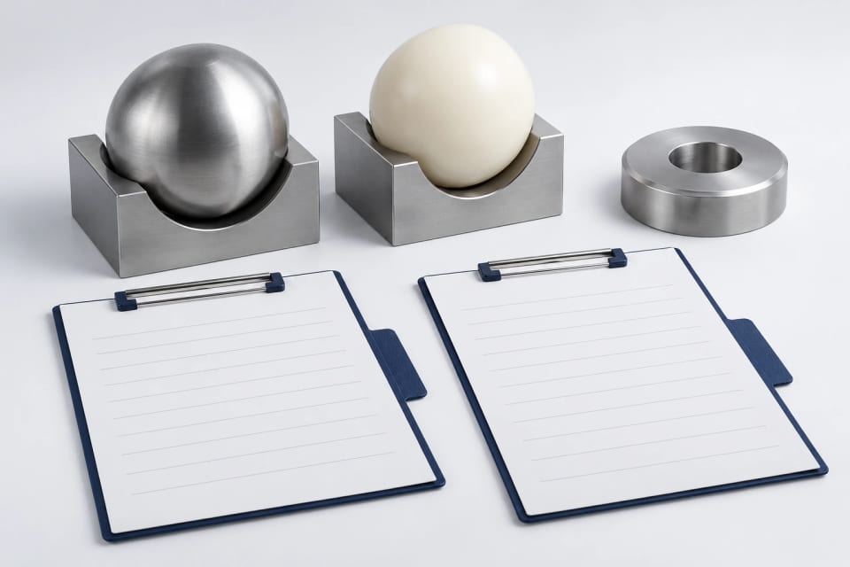 Separate sphere samples and blank acceptance forms beside a mating seat.