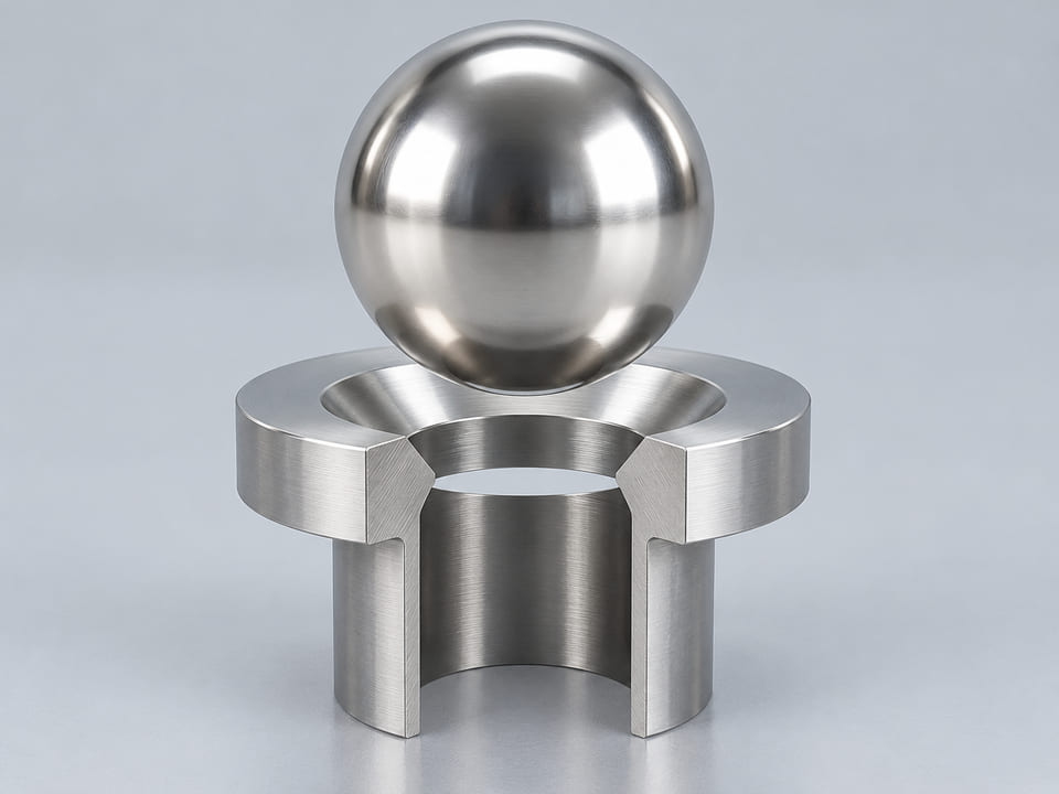 Conceptual CGI: Complete AISI 302, 304 or low-carbon 304L austenitic stainless steel sphere above a conical annular seat and an aligned open vertical bore; axial component contact concept