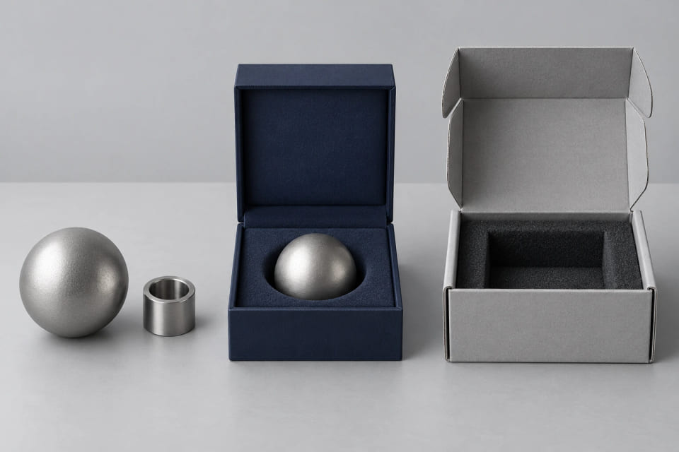 CGI concept of a loose component, a retained sample and a plain protective package arranged as purchasing stages
