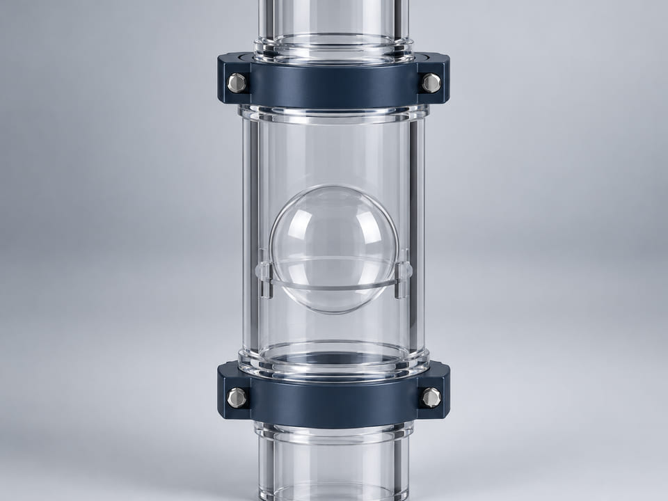 Conceptual CGI: Transparent observation chamber with a clear solid PMMA sphere retained by an annular support; conceptual fluid component