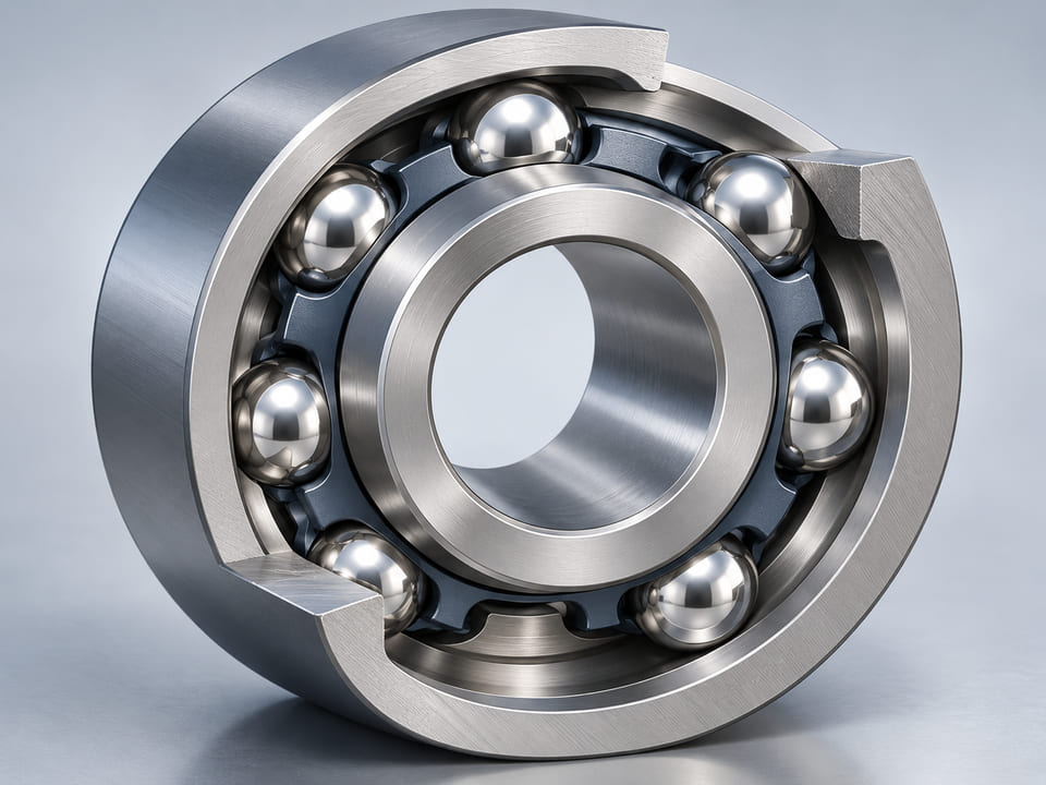 Conceptual CGI: compact stainless bearing assembly cutaway with polished balls, realistic closed circular inner and outer raceways