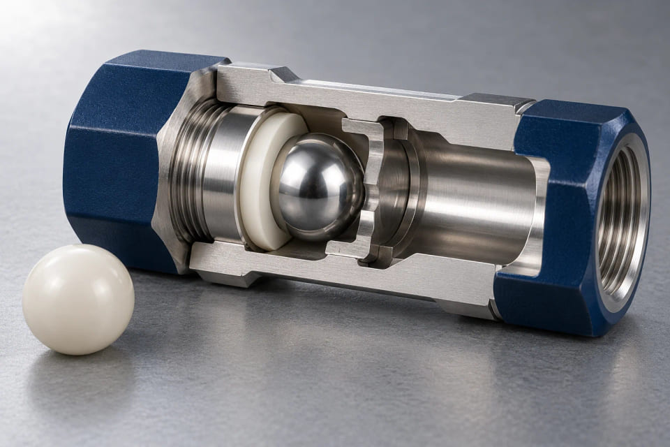 CGI concept of a movable check ball and valve seat