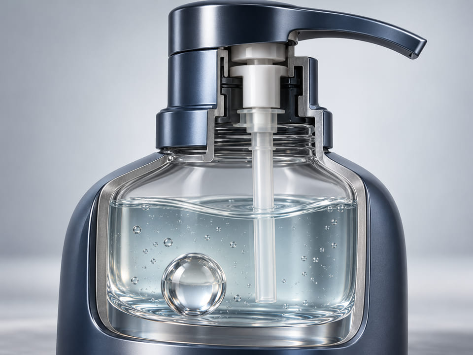 Conceptual CGI: Cutaway cosmetic dispenser bottle neck with a clear glass mixing ball inside the liquid reservoir and a separate simple pump tube; ball clearly not inside pump tube