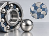 Conceptual CGI: a polished metal sphere with one abstract enlarged two-tone interlocking grain mosaic in a separate circular inset, explicitly conceptual duplex phases, not actual microscopy