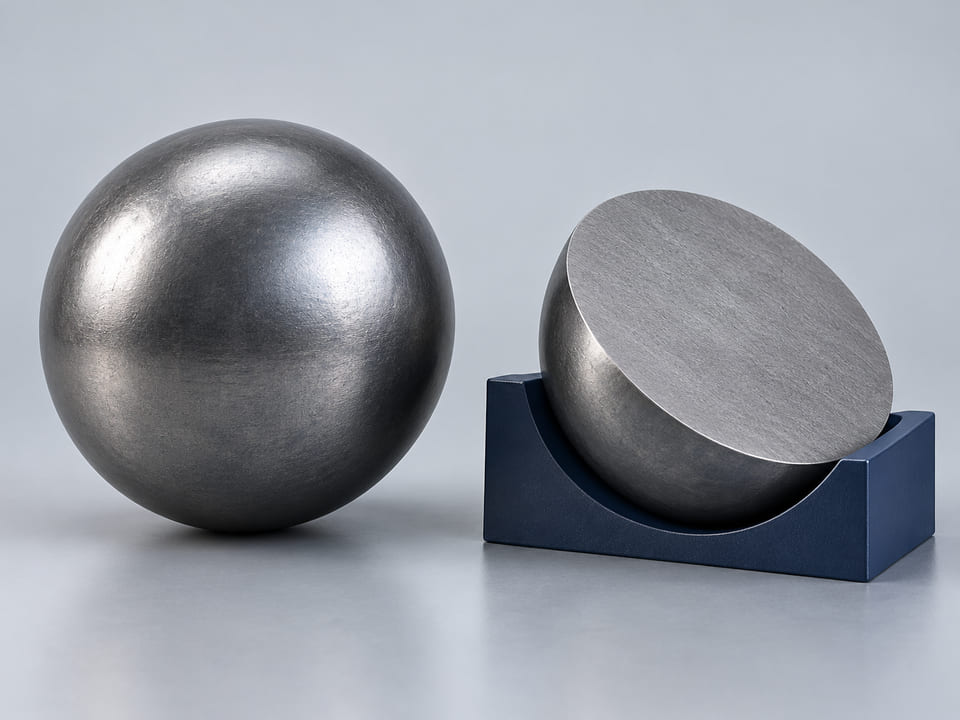 Conceptual CGI: Complete steel sphere beside a uniform solid steel hemispherical section; through-section material concept