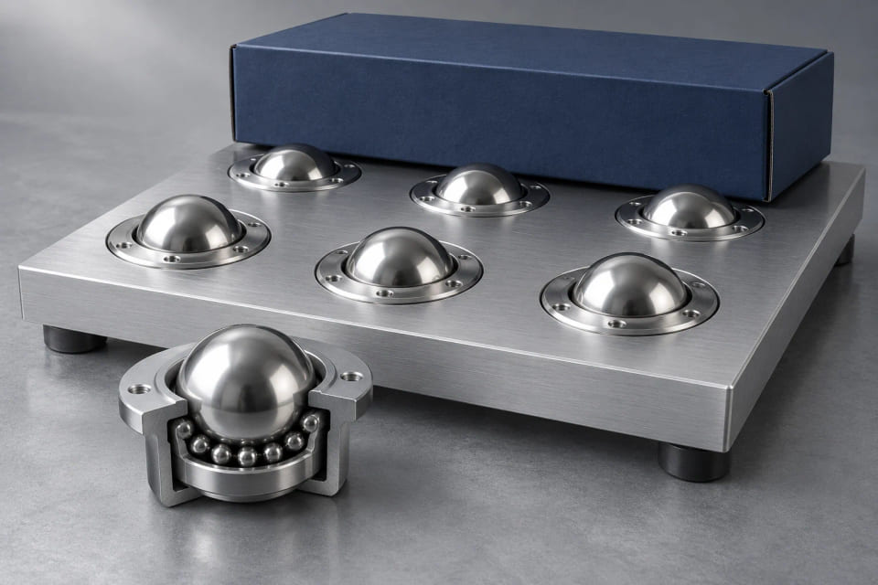CGI ball-transfer table and a cutaway main ball supported by smaller balls