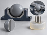 Conceptual CGI: Grey rigid PVC sphere in an inspection cradle beside a soft flexible-polymer sample puck; contrasting rigid ball and flexible compound concepts, not a claim of supplied grades