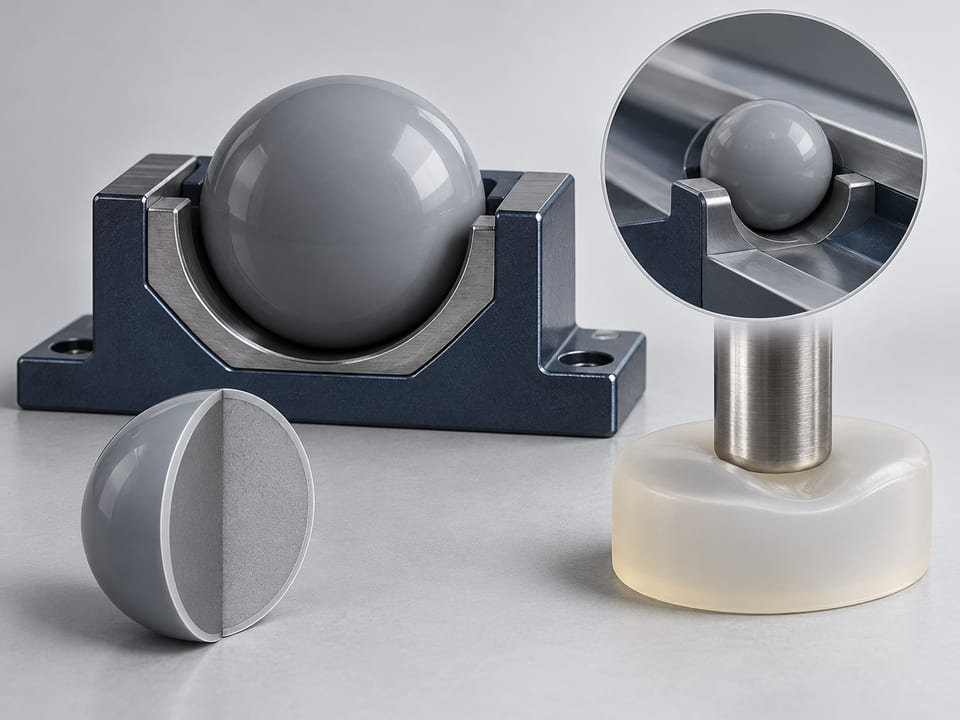 Conceptual CGI: Grey rigid PVC sphere in an inspection cradle beside a soft flexible-polymer sample puck; contrasting rigid ball and flexible compound concepts, not a claim of supplied grades