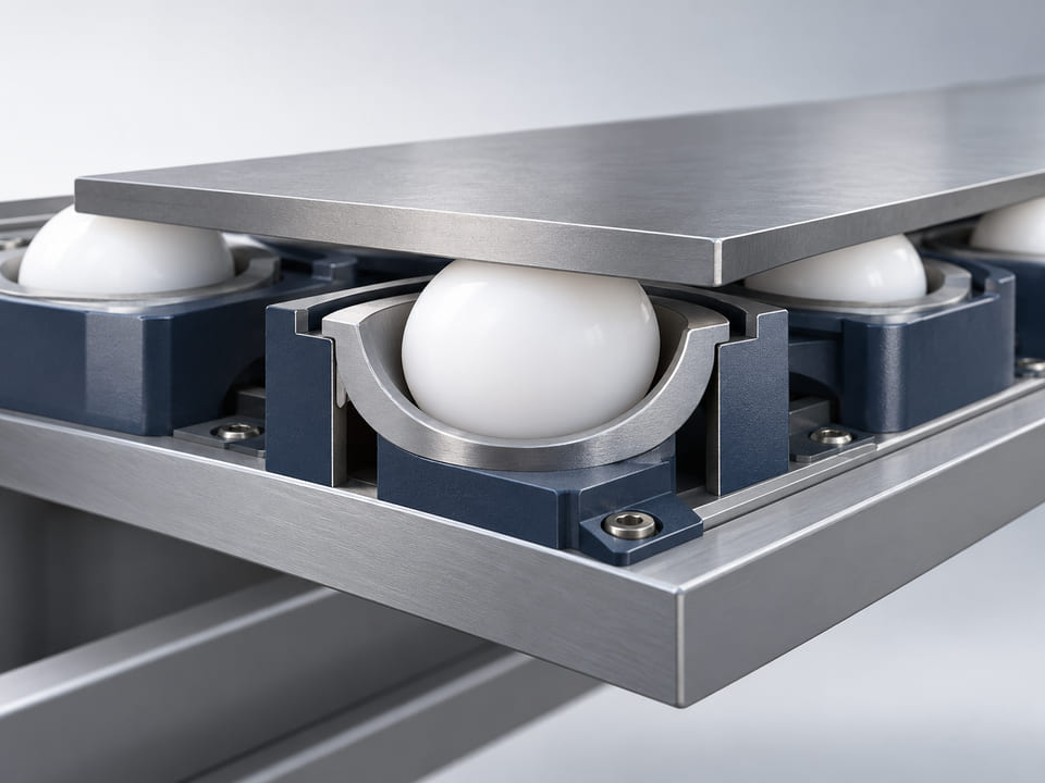 Conceptual CGI: Low-load conveyor transfer concept cutaway with a white UHMWPE sphere retained in a broad cup under a flat small metal workpiece; realistic free-rolling contact