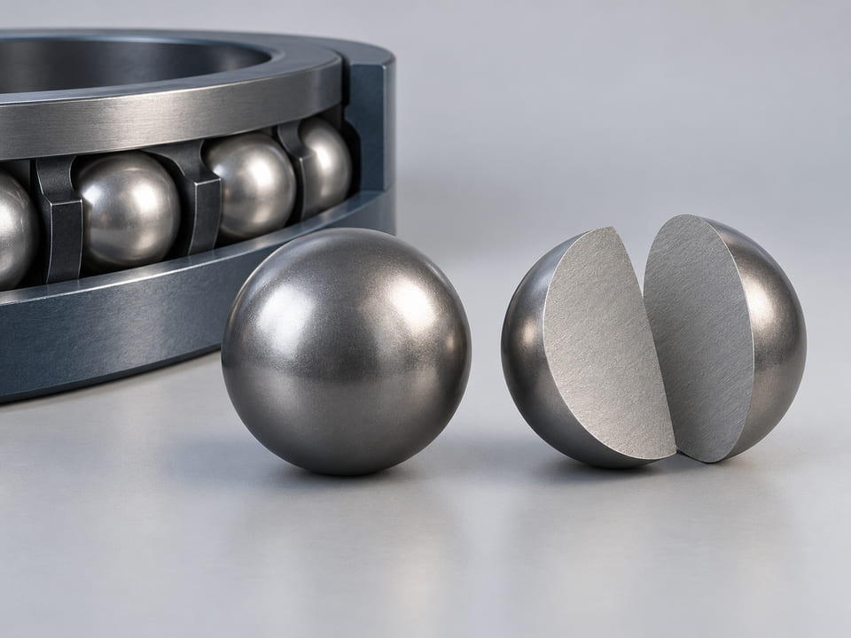 Conceptual CGI: grey niobium sphere next to a carefully separated hemispherical cutaway showing solid homogeneous metal and clean surface; no superconductivity graphics