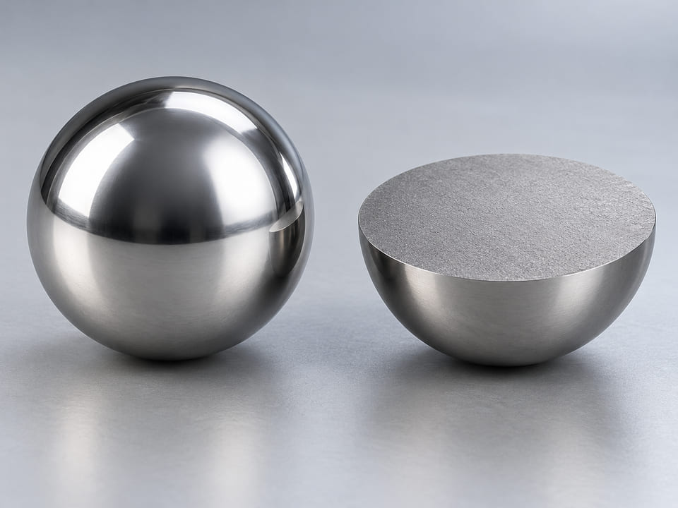 Conceptual CGI: Solid stainless hemispherical section and complete silver sphere, with no cavity or detached shell