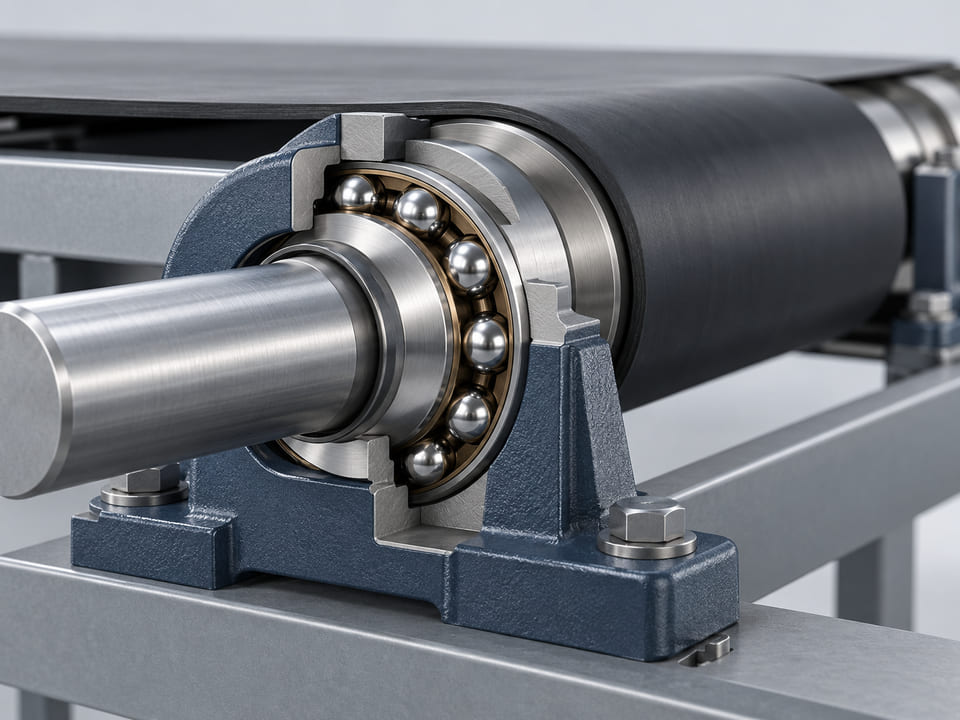 Conceptual CGI: compact conveyor bearing cutaway with rolling silver balls and a restrained bearing housing