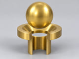 Conceptual CGI: Complete Specified copper-zinc brass grade; examples require exact standard and condition sphere above a conical annular seat and an aligned open vertical bore; axial component contact concept