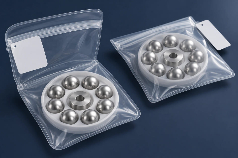 Individually separated steel spheres in protective trays and clear pouches.