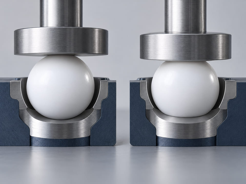 Conceptual CGI: White PTFE sphere resting on a broad seat beside the same sphere geometry with a very subtle larger contact patch under a neutral top platen; qualitative creep and contact illustration, no dimensions