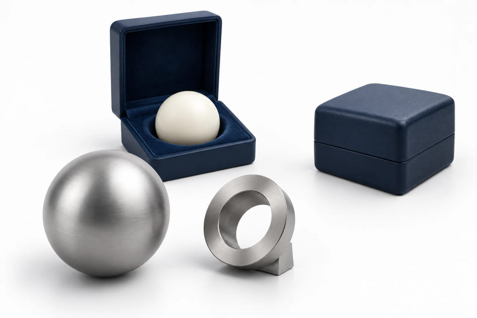 CGI concept of a ball and seat, a polymer sample in a fitted case and a plain protective box on a project table