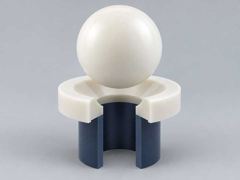 Conceptual CGI: Complete Polyvinylidene fluoride; exact grade and additives identified sphere above a conical annular seat and an aligned open vertical bore; axial component contact concept