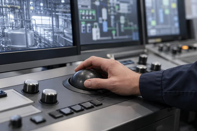 CGI application scene of an operator using an integrated industrial control-panel trackball