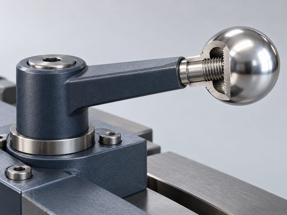 Conceptual CGI: A polished silver sphere screwed onto a short threaded rod at the end of a small industrial adjustment lever, threaded connection shown in restrained partial section, simple credible ergonomic handle assembly