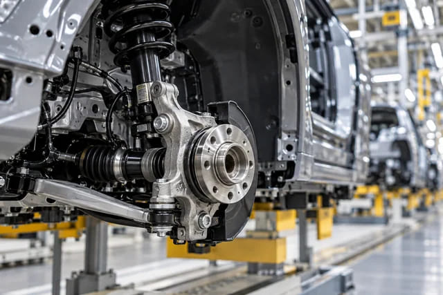 CGI application scene of a wheel hub and suspension on an automotive assembly line