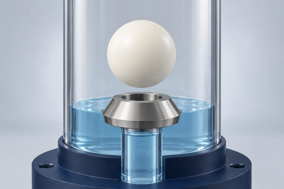 A polymer sphere and annular seat within a conceptual liquid-handling component.