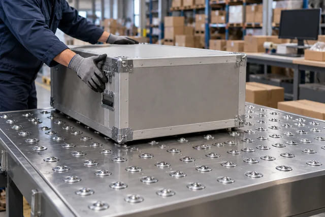 CGI application scene of a shipping case moving across a ball-transfer table