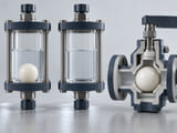 Conceptual CGI: Off-white PVDF sphere in a transparent chemical sample cell beside a matching empty reference cell; restrained compatibility-assessment concept, no corrosion spectacle or guarantees