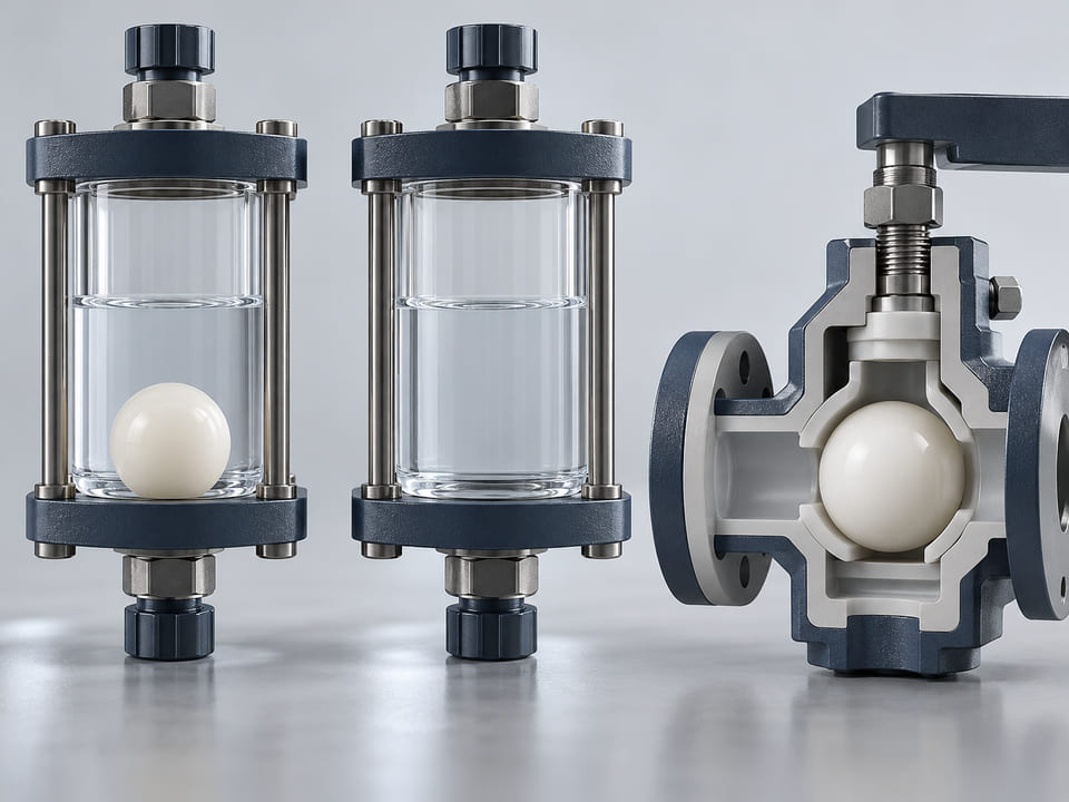 Conceptual CGI: Off-white PVDF sphere in a transparent chemical sample cell beside a matching empty reference cell; restrained compatibility-assessment concept, no corrosion spectacle or guarantees