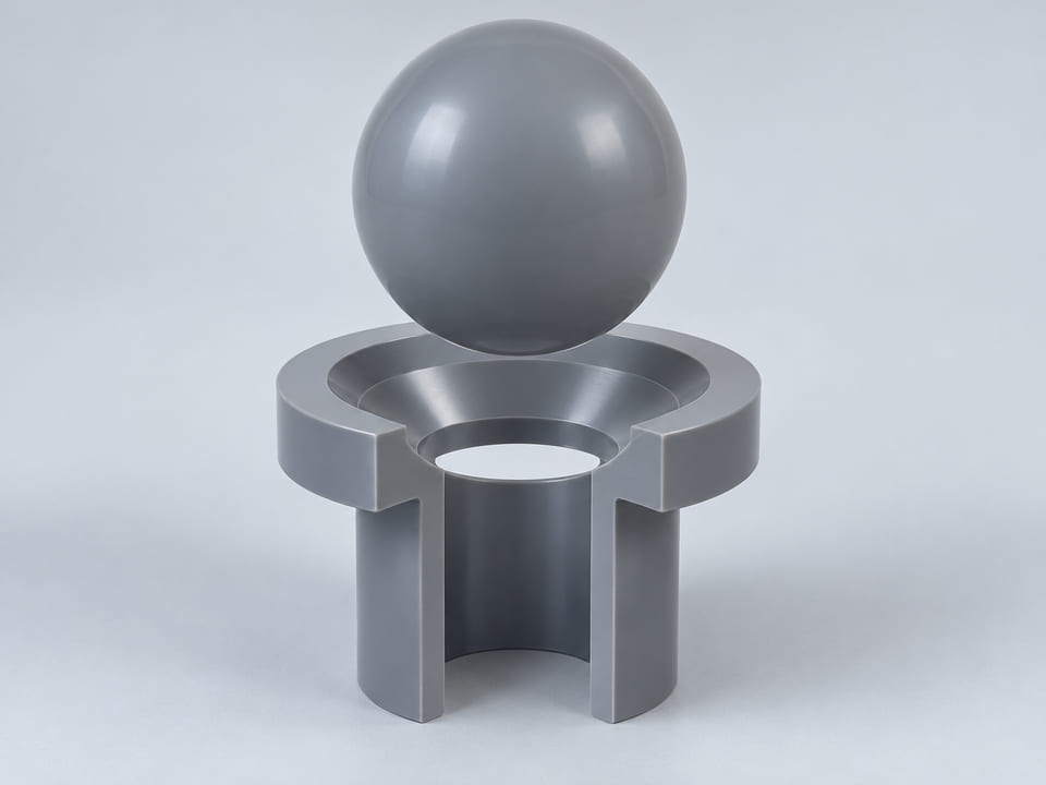Conceptual CGI: Complete Rigid polyvinyl chloride; formulation and plasticiser restrictions defined sphere above a conical annular seat and an aligned open vertical bore; axial component contact concept