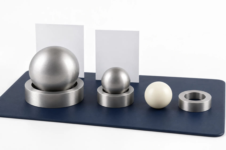 CGI concept of different-diameter samples and a polymer alternative kept separate beside blank identification cards