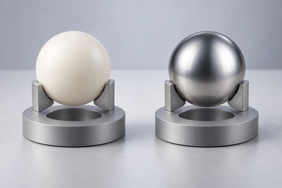 Polymer and steel sphere concepts compared against matching seat geometries.