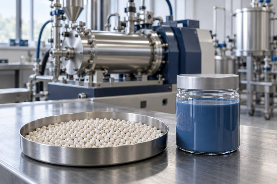 CGI concept of ceramic bead samples and a pigment-dispersion mill setting