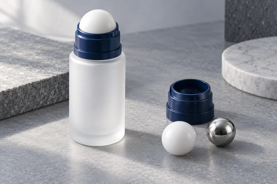 CGI concept of a cosmetic roll-on applicator sphere and packaging
