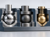 Conceptual CGI: a polished stainless steel ball beside a matte carbon-steel ball and a warm brass ball in three separated pockets, no unearned material-identification marks