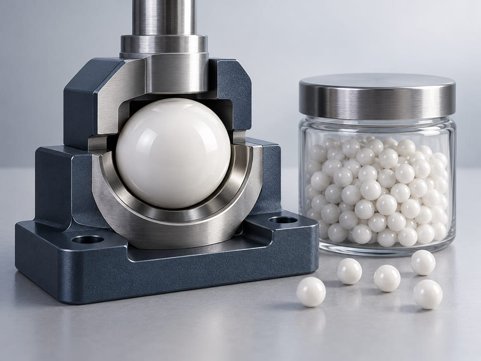 Conceptual CGI: One polished white zirconia precision sphere in a seating fixture beside a small jar of zirconia grinding beads; distinct precision and media uses, no measurement values