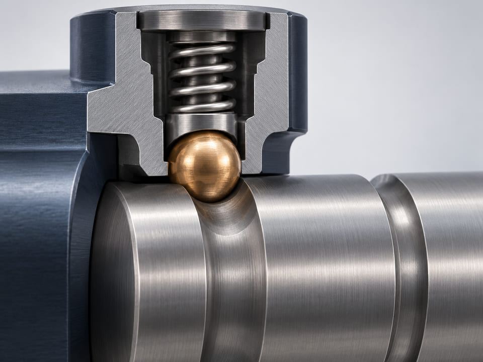 Conceptual CGI: compact mechanical detent cutaway with phosphor-bronze sphere contacting a smooth steel groove