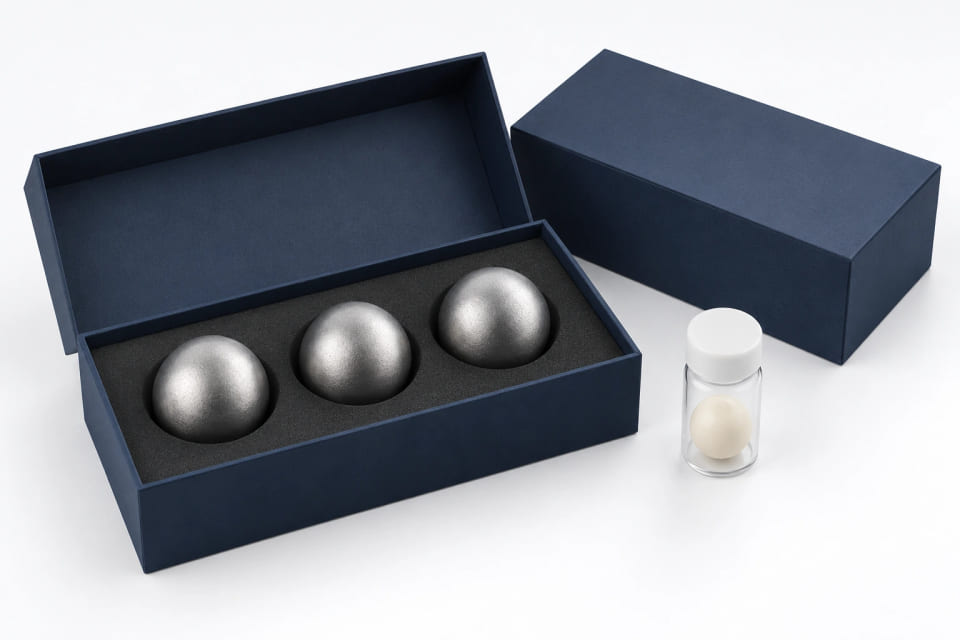 CGI concept of separated steel components in protective packing beside a small polymer sample vial