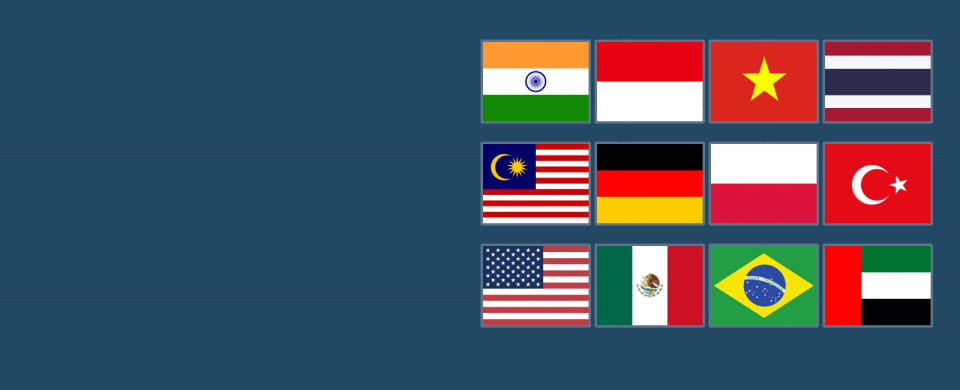 Flags of the twelve countries featured in the MEITUO market guides