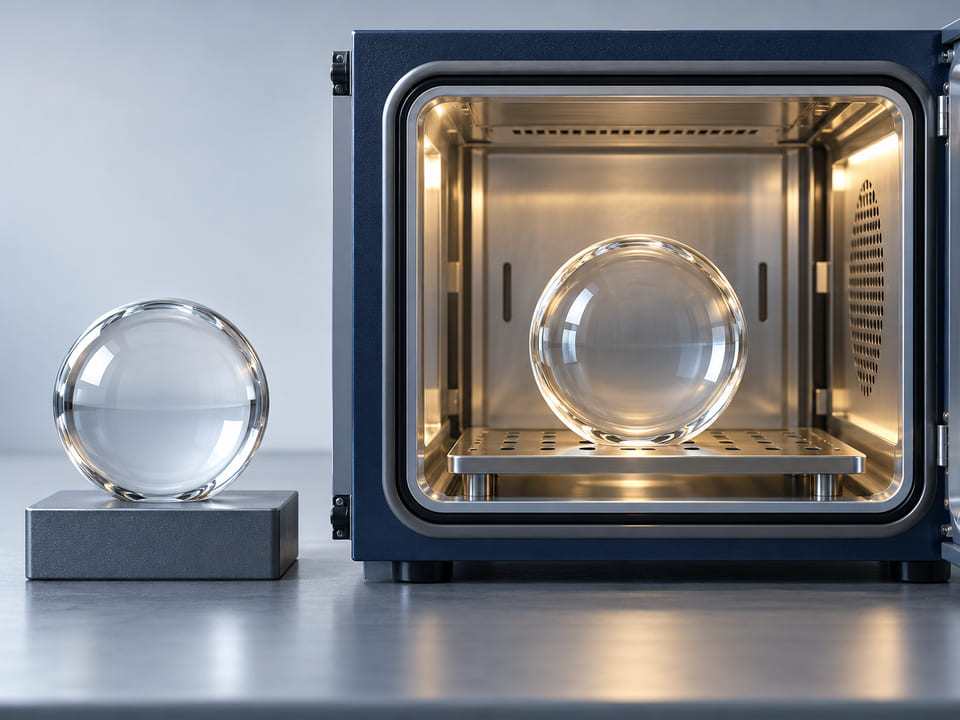 Conceptual CGI: Clear borosilicate sphere in a neutral temperature-controlled test chamber with a second reference sphere outside; qualitative thermal review concept, no flames or false temperature values