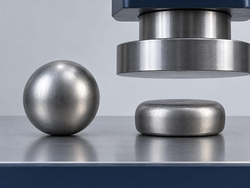 Conceptual CGI: Complete soft steel sphere beside a deliberately flattened same-material sample; forming comparison
