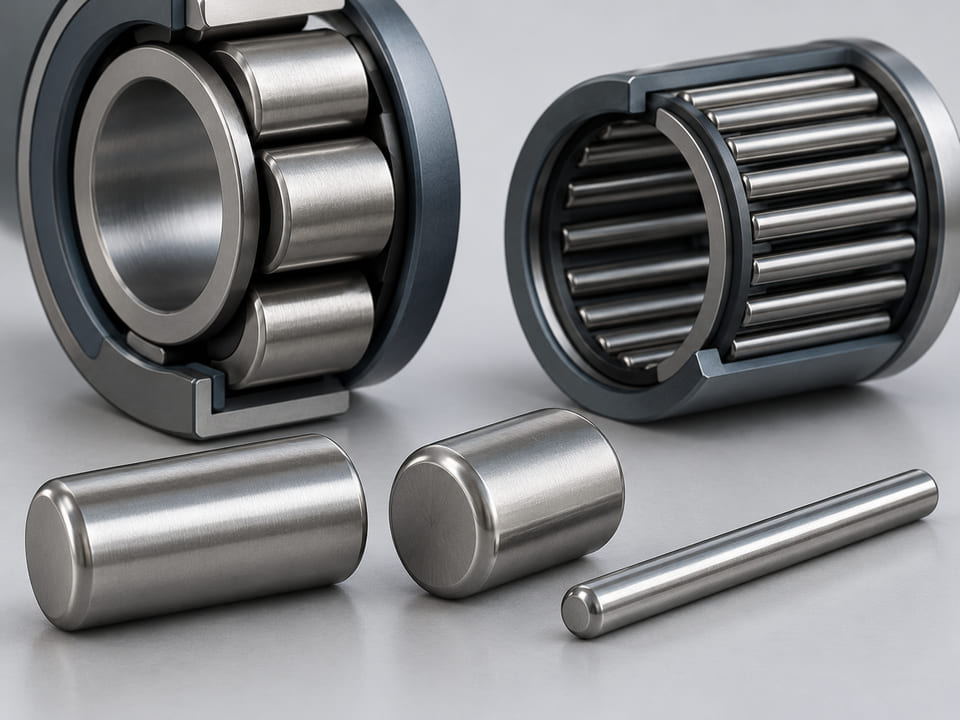 Conceptual CGI: One short cylindrical steel roller and one slim long needle roller placed parallel, a second cylinder shown in gentle angled end view to reveal rounded edge relief; qualitative end-profile comparison without dimensions