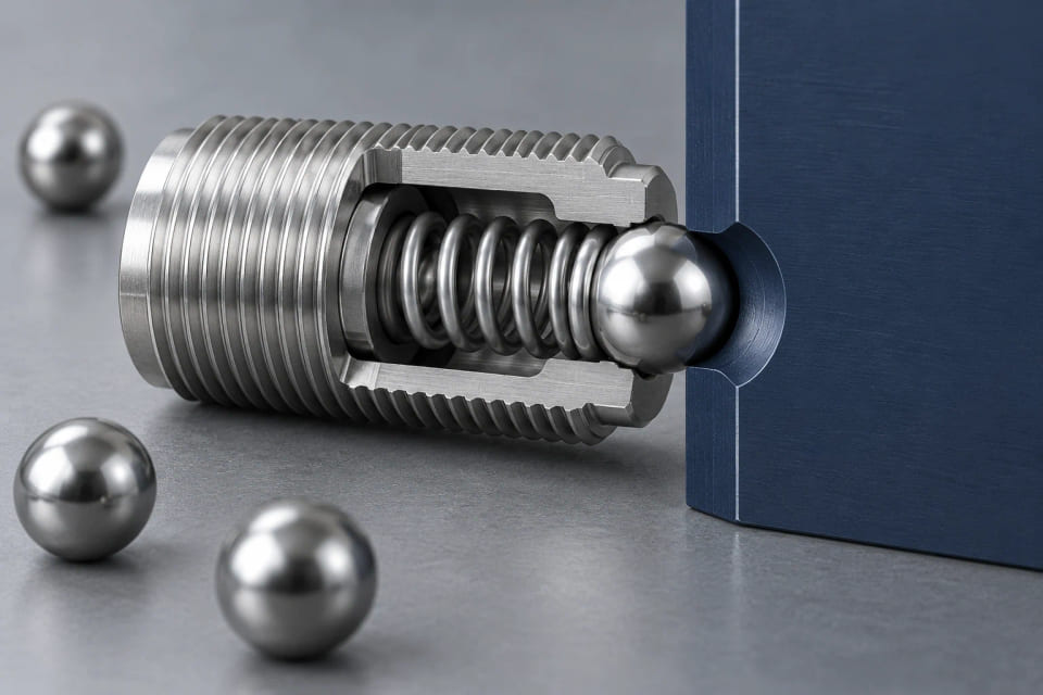 CGI concept of a spring-loaded ball positioning mechanism