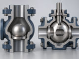 Conceptual CGI: Two coherent adjacent valve concepts: a solid check-valve sphere above an annular seat, beside a separate quarter-turn valve sphere with one large axial bore and stem slot; clearly distinguish solid closure ball and bored rotary valve ball, no labels