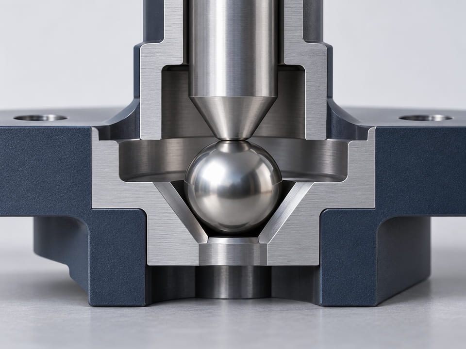 Conceptual CGI: vacuum-instrument mechanical locator cutaway with a niobium sphere against a clean conical contact, no medical or accelerator claims