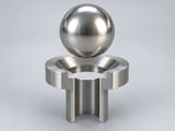 Conceptual CGI: Complete 420C martensitic stainless steel; composition and treatment defined by order sphere above a conical annular seat and an aligned open vertical bore; axial component contact concept