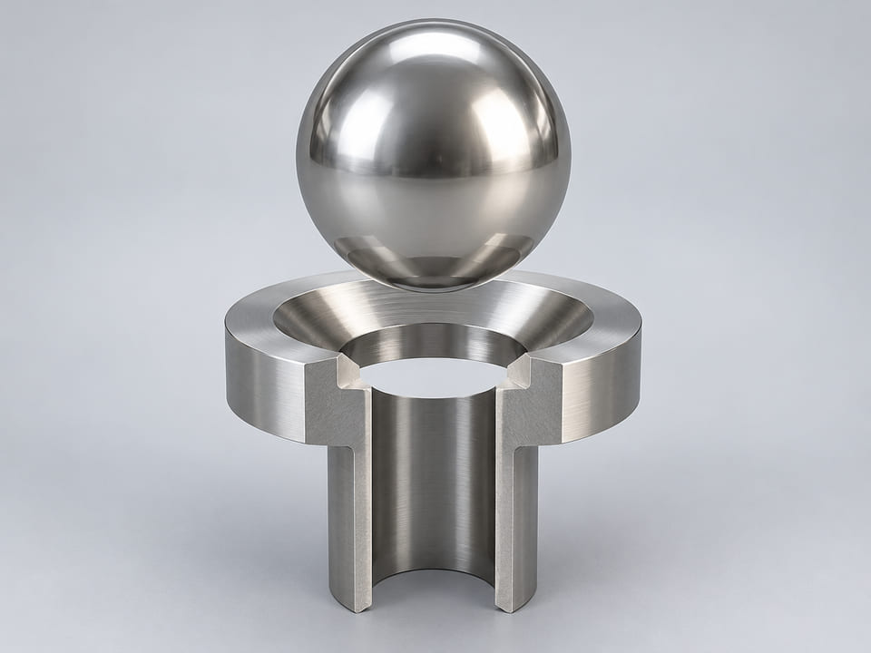 Conceptual CGI: Complete 420C martensitic stainless steel; composition and treatment defined by order sphere above a conical annular seat and an aligned open vertical bore; axial component contact concept