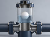 Conceptual CGI: Transparent vertical liquid indicator chamber, one white HDPE sphere floating at a visible liquid meniscus; simple vented conceptual housing, no valves or impossible pipework